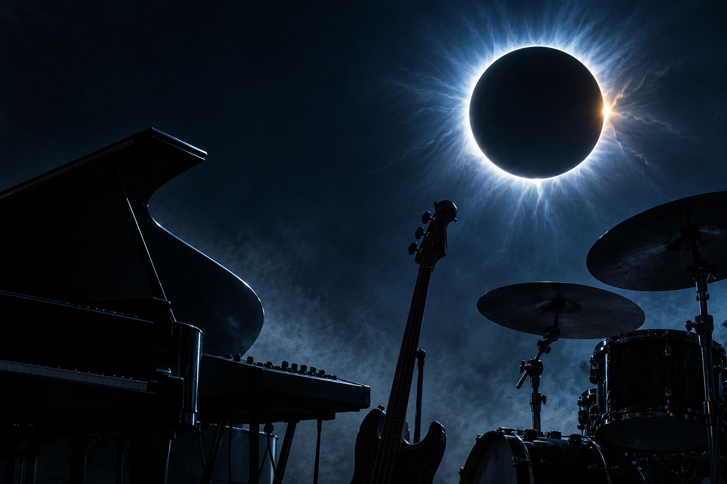 A total eclipse burning over silhouetted keys, bass and drums